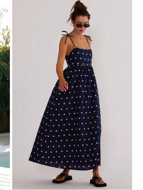 Beach Riot Dresses & Skirts - BEACH RIOT Valory Maxi Dress in Navy Polka Dot cotton linen flowy blue summer